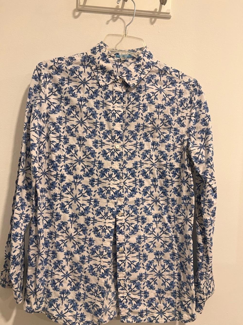 White Button-Up Shirt with Blue Floral Print